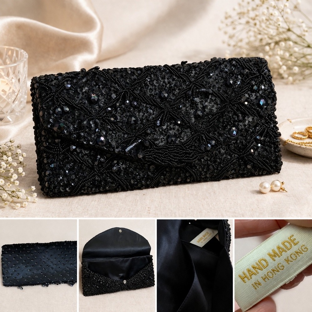 Vintage Hand Beaded Black Clutch Hong Kong‎ Evening Bag Formal Cocktail